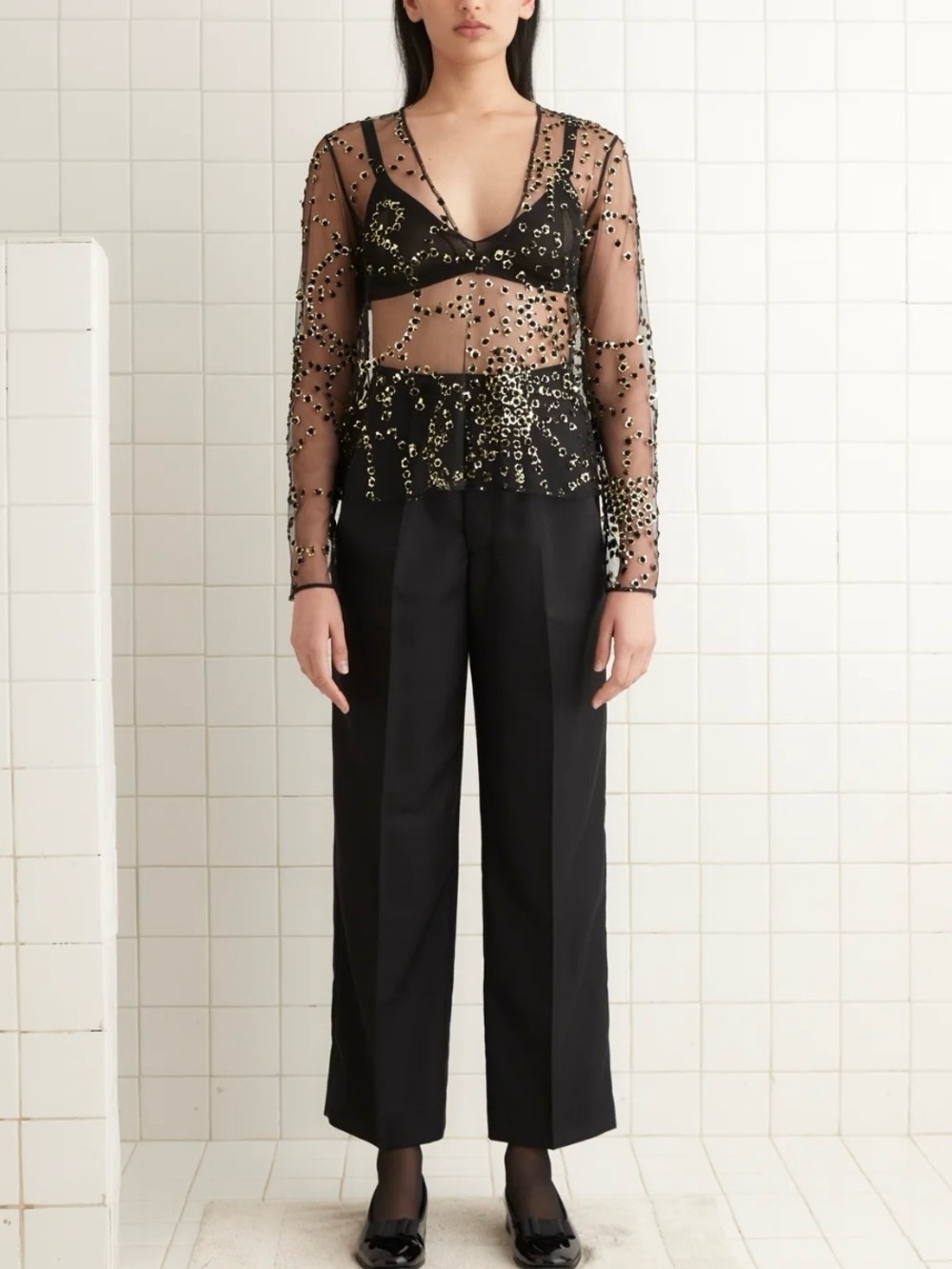 BODE Sheer Fête Top Mesh Gold Foil Appliqué Blouse Black Size 10 - Picture 2 of 12